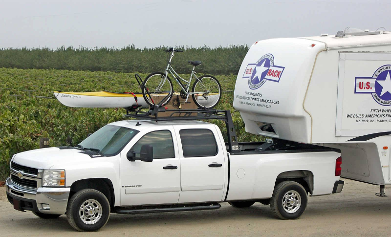 Fifth wheel kayak store and bike rack